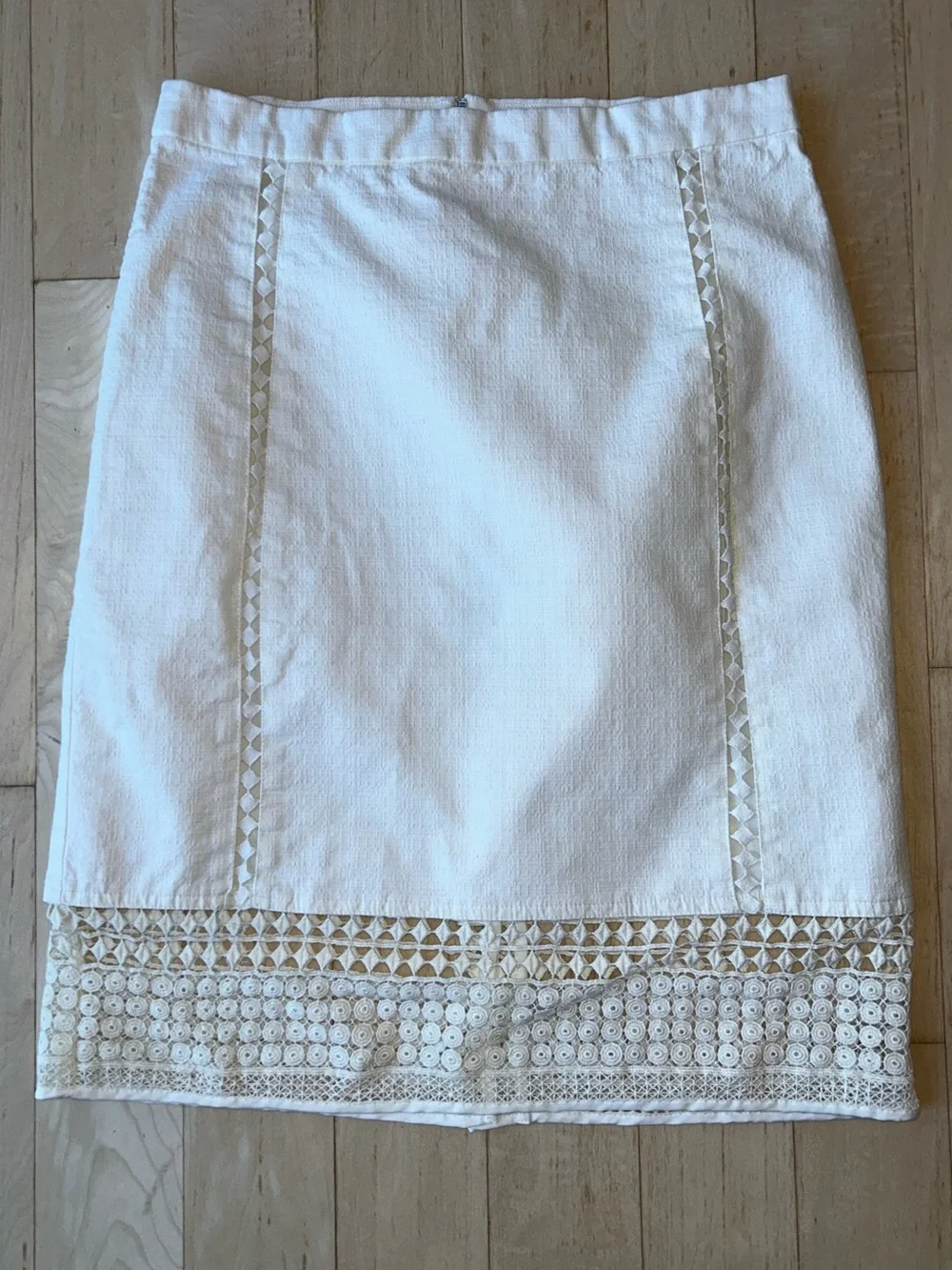 J. Crew Lace Insert Lace Hem Textured Cotton Pencil Skirt Ivory Size 2